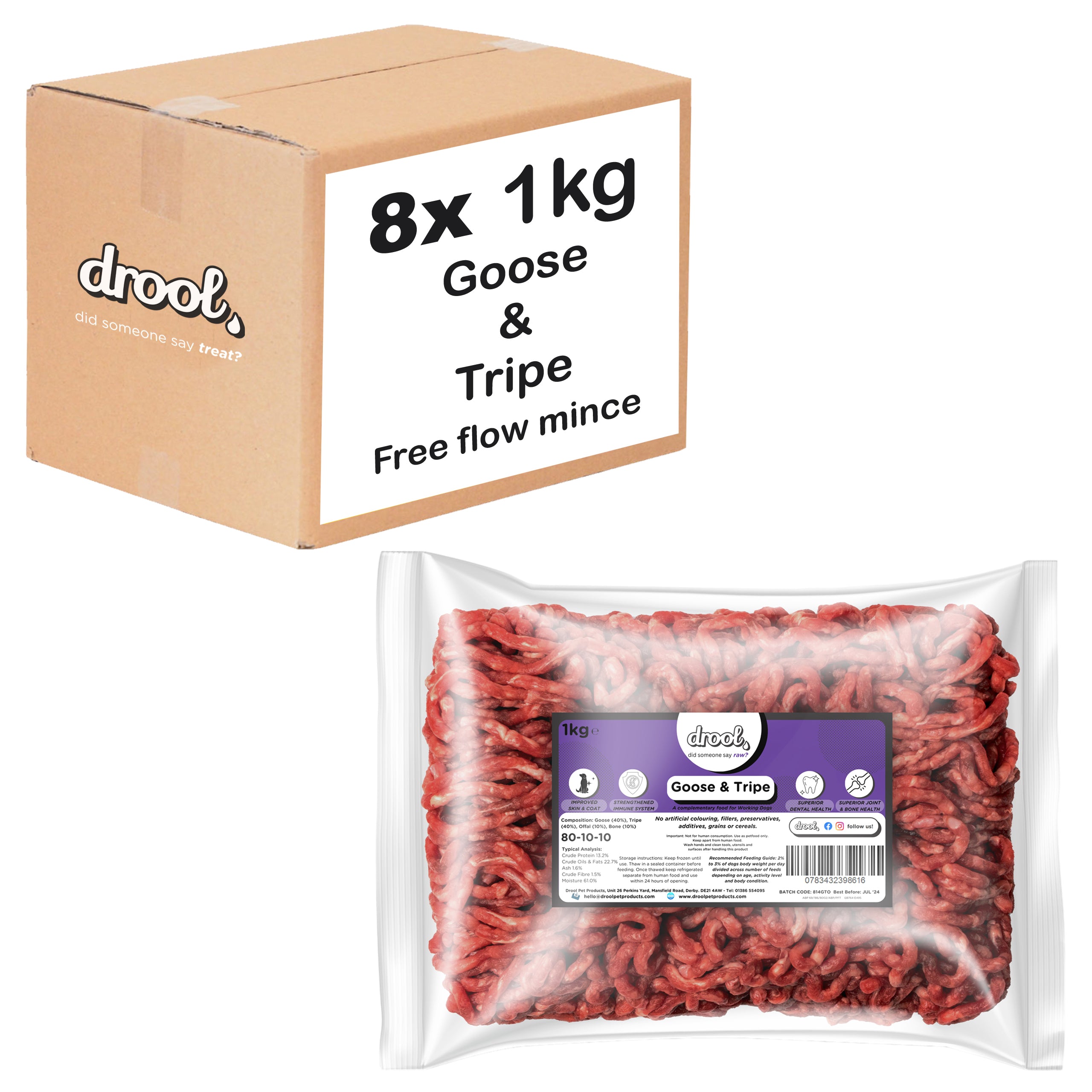 Goose & Tripe Freeflow Mince 80/10/10 (8x1kg pack) Wholesale