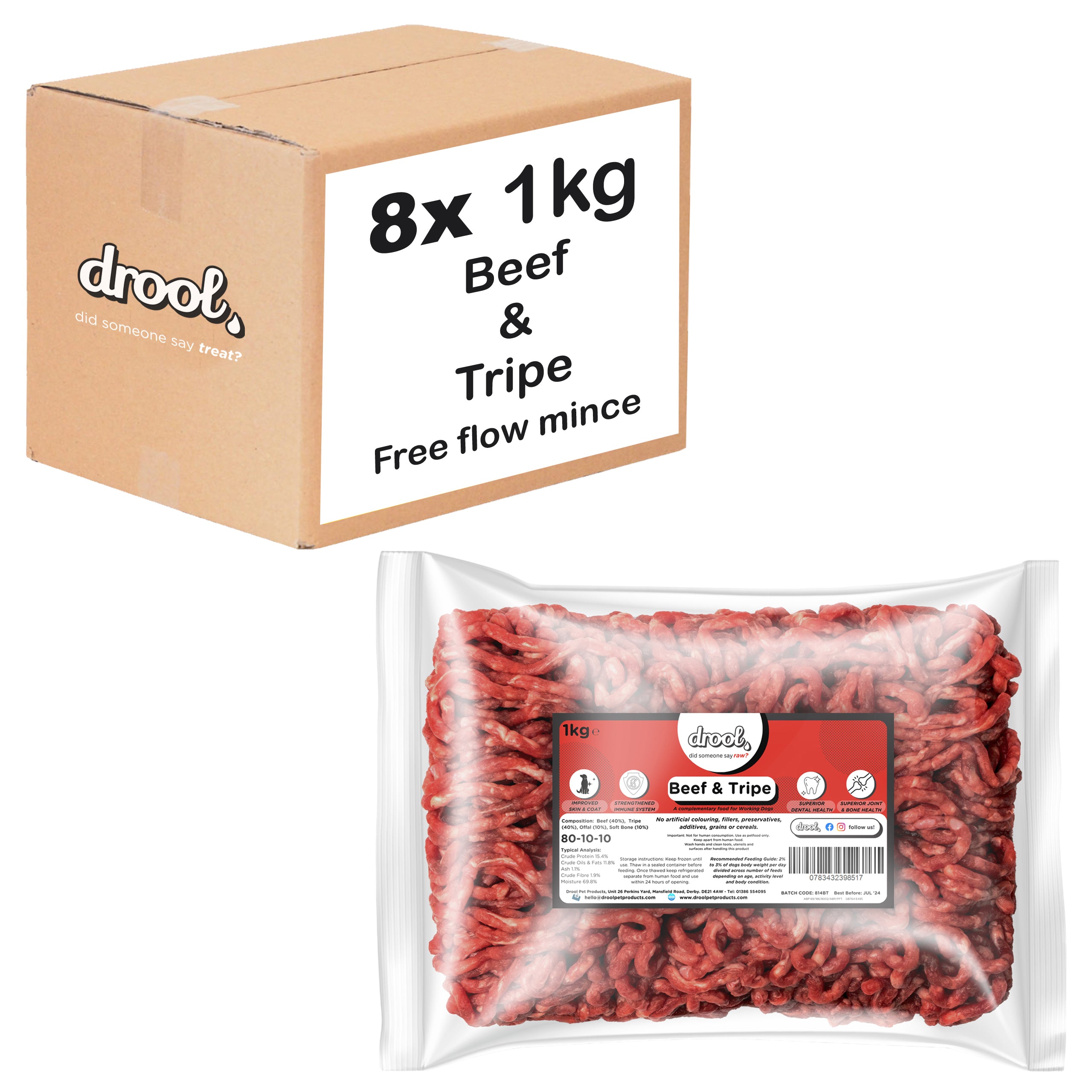 Beef & Tripe Freeflow Mince 80/10/10 (8x1kg pack) Wholesale