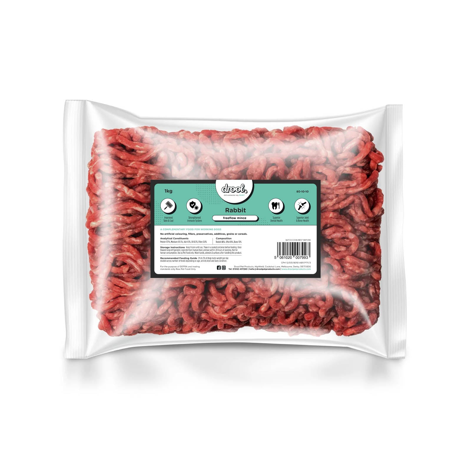 Drool Rabbit Freeflow Mince 80/10/10 (1kg) for Dogs